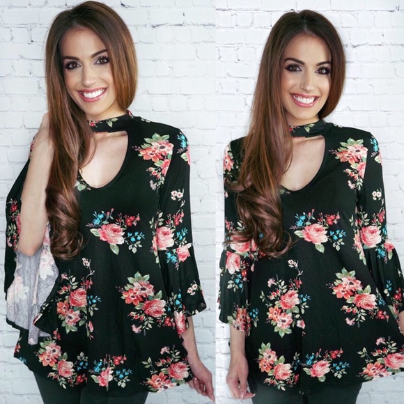 Black floral choker top - Picture 2 of 8